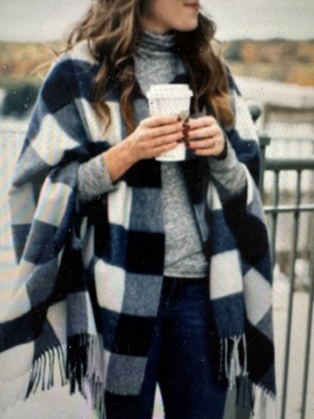 J.Crew Buffalo Check Poncho Women OS Navy White Fringed Plaid Wrap H2857 NEW